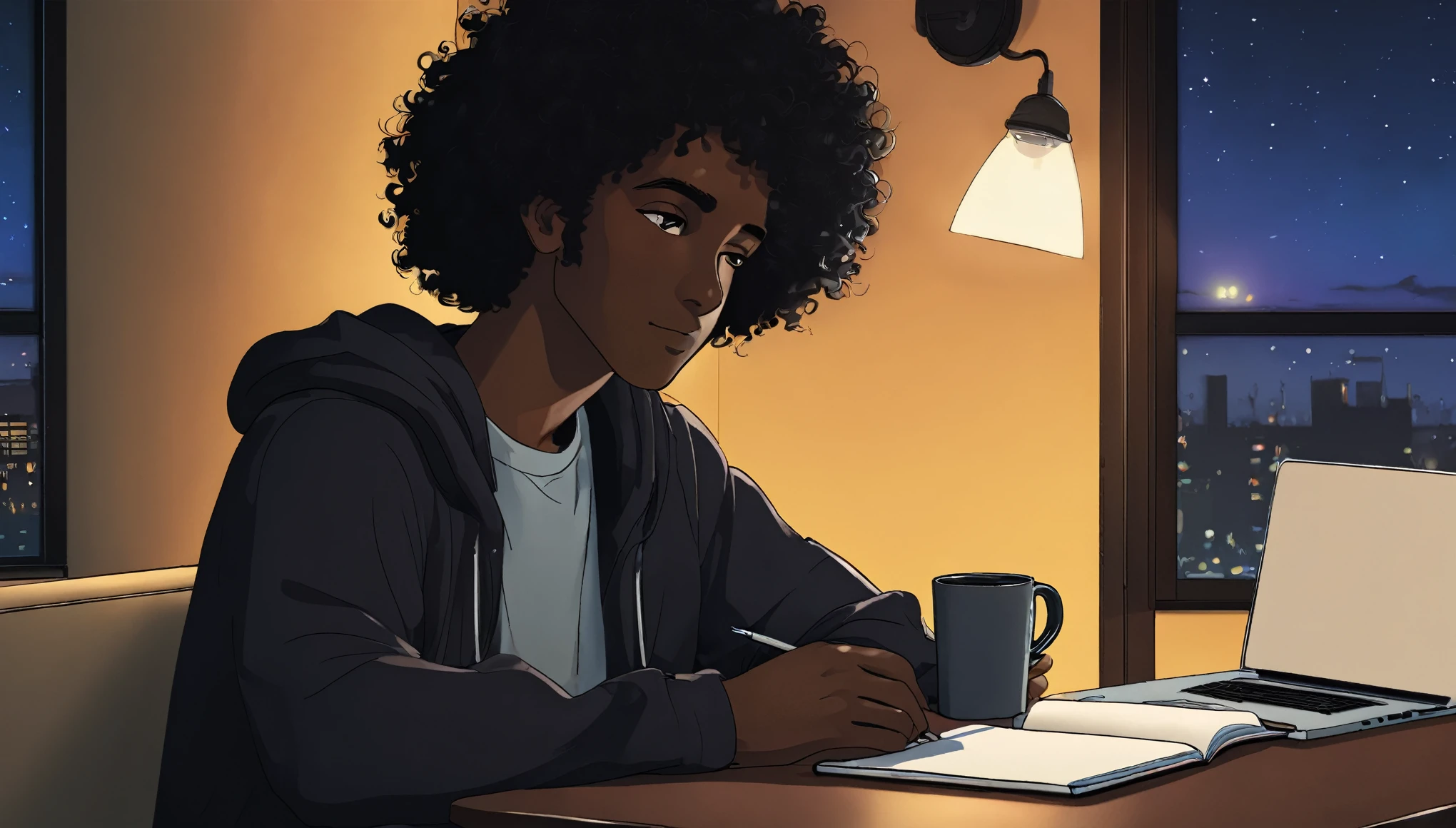 Lofi, Man, Dark skin, Black curly hair, Comfy, Notebook, Coffe, Night, Relax, Room, HD, High Resolution, Masterpiece, 4K