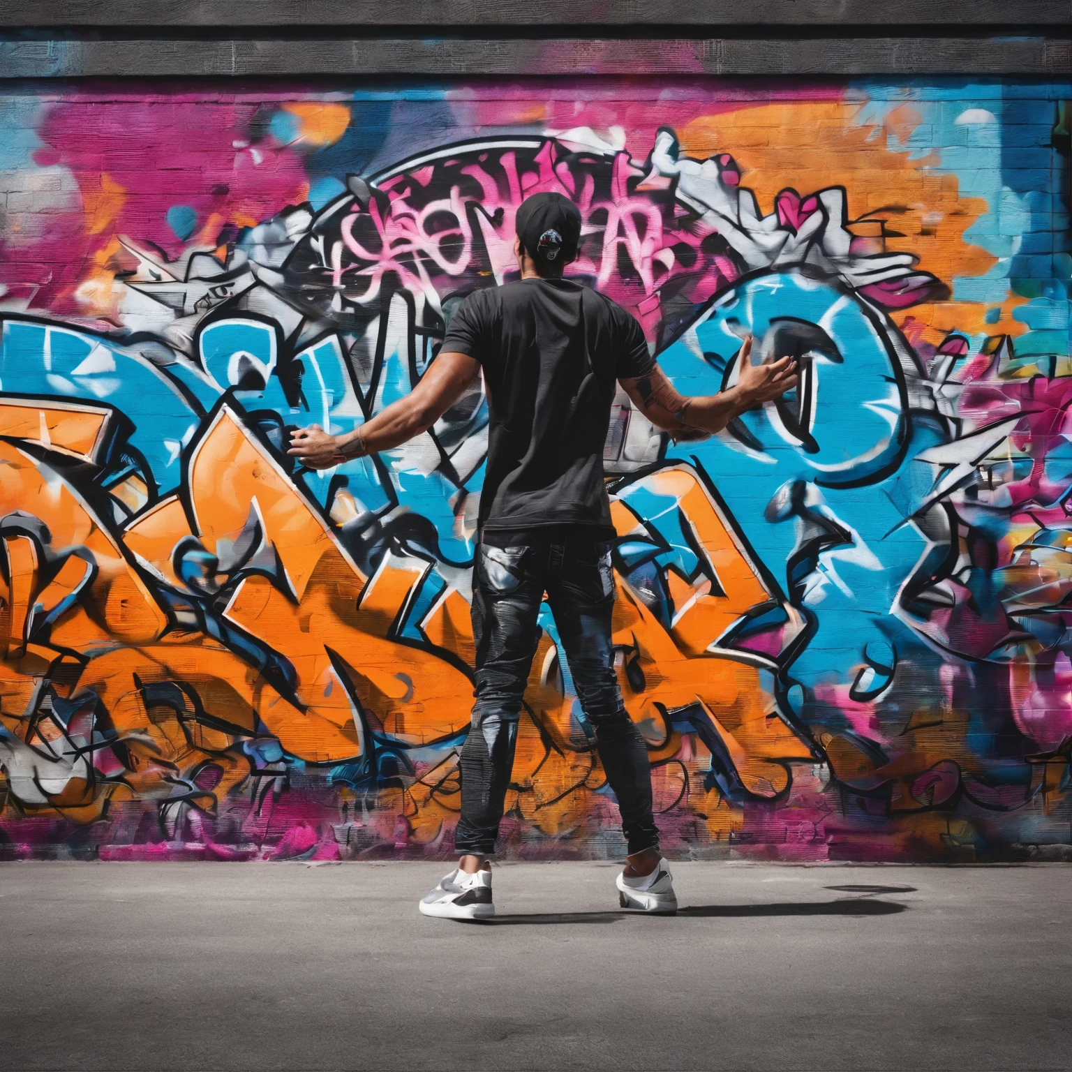 GROUND shot view, a man graffiti artist back to the camera, ultra-detailed body, ultra-detailed hands, ultra-detailed face, ultra-detailed feet, ultra detailed style, SPRAY PAINT, (graffiti wall), hyper-detailed art、award-winning work, IMPACTFUL VISUAL, outdoor ARTWORK, CINEMATIC LIGHTING, ARTISTIC DETAILS, DYNAMIC SHADOWS ,ATMOSPHERIC EFFECTS, GRAFITI TEXTURES, HIGH-DEFINITION, IMMERSIVE ENVIRONMENT, SUBTLE COLOR GRADING, AUTHENTIC ATMOSPHERE, DETAILED TEXTURES, award winning ARTWORK, MASTERPIECE ARTWORK, trending on artstation, HDR, UHD, 4K, BY EDUARDO KOBRA.