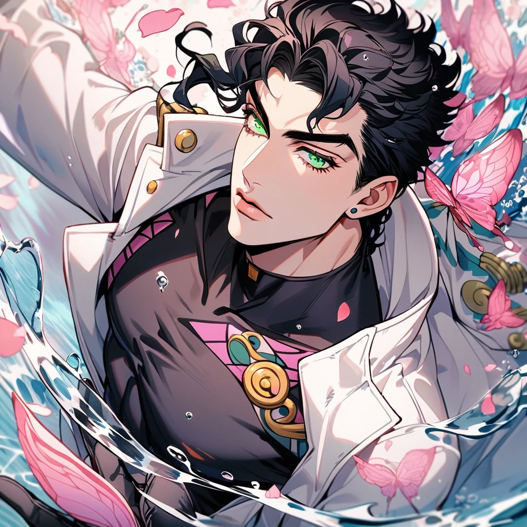 Ultra detailed, Highres, absurdres, Kujo Jotaro, black hair, green eyes, JoJo Bizarre Adventure, white long coat with patterns, pink flowers, petals, extremely handsome, man, solo, very detailed eyes and face, black gloves, water, pink butterflies, black tight t-shirt,