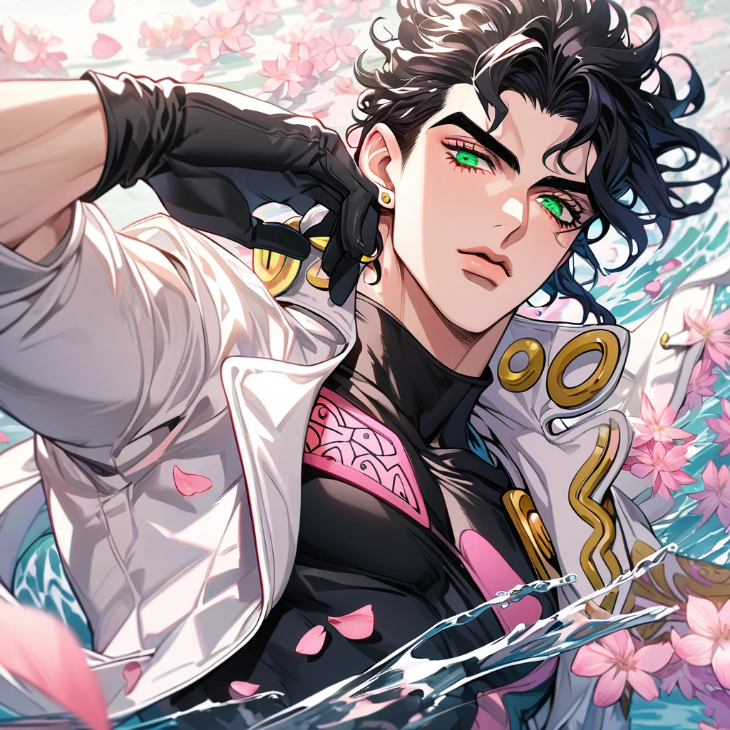Ultra detailed, Highres, absurdres, Kujo Jotaro, black hair, green eyes, JoJo Bizarre Adventure, white long coat with patterns, pink flowers, petals, extremely handsome, man, solo, very detailed eyes and face, black gloves, water, pink butterflies, black tight t-shirt,