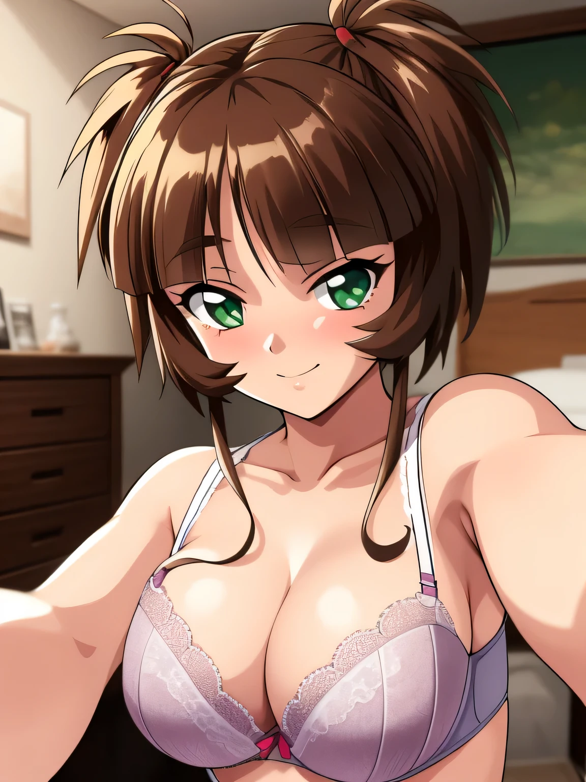「Akane Ichimonji」,My Room,Lace Underwear,Lace Bra,Shyly,Taking a selfie reluctantly,masterpiece, expensive quality, very_expensive_solve, big_file size, Full Color,
