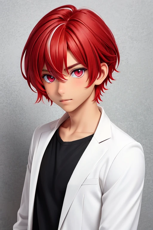 Male, tan skin, heterochromia red/white eyes, short perfect half red hair/half white hair split down middle, perfect, single, solo, 1 boy,