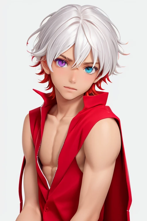 Male, tan skin, heterochromia red/white eyes, short perfect half red hair/half white hair split down middle, perfect, single, solo, 1 boy,