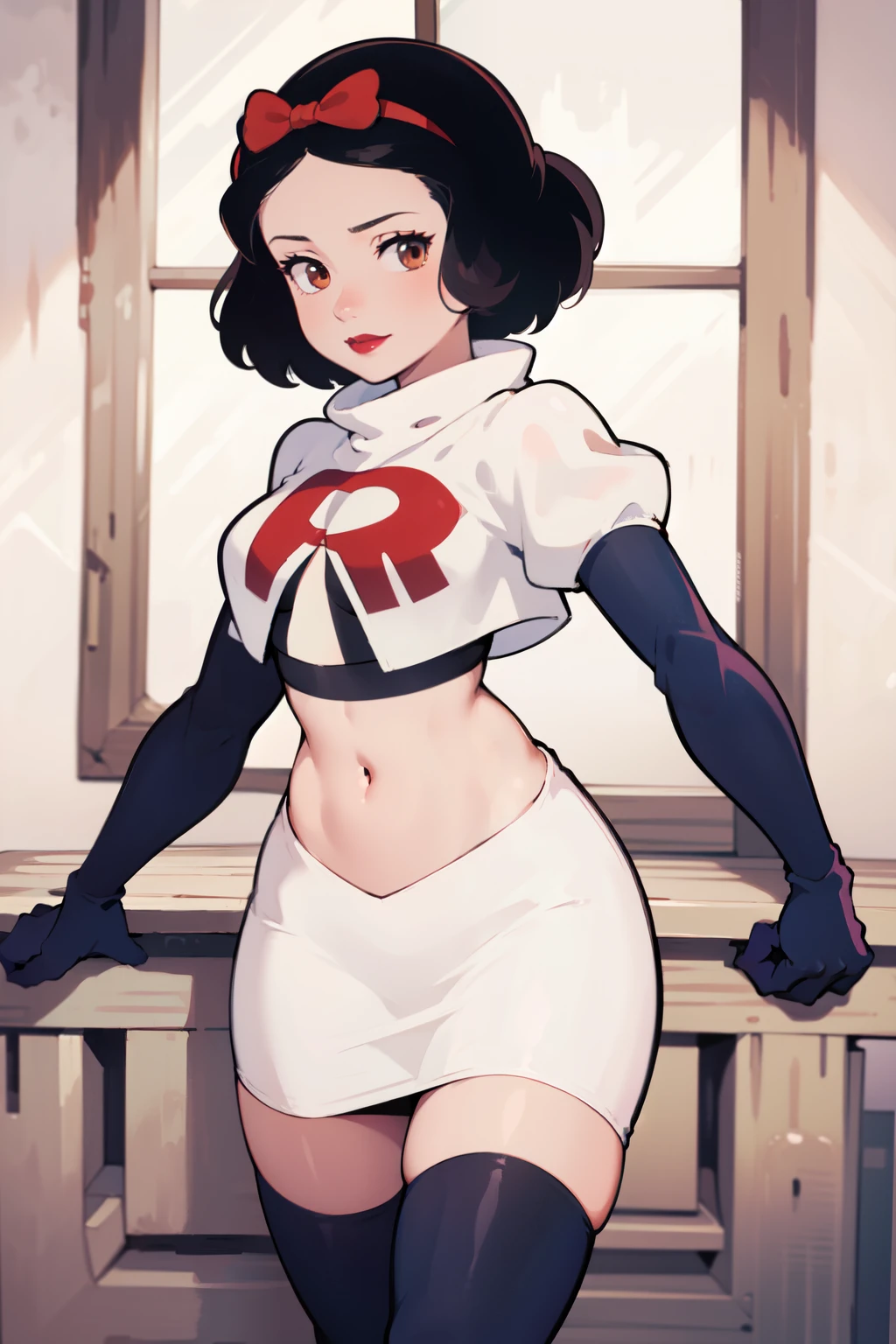 1girl, solo,   SnowWhite, short hair, black hair, smooth hair, brown eyes, lipstick, red lipstick, pale skin, hair bow, hairband, team rocket,team rocket uniform,white skirt,red letter R,crop top,black thigh-highs,black elbow gloves, cowboy shot, looking at viewer,