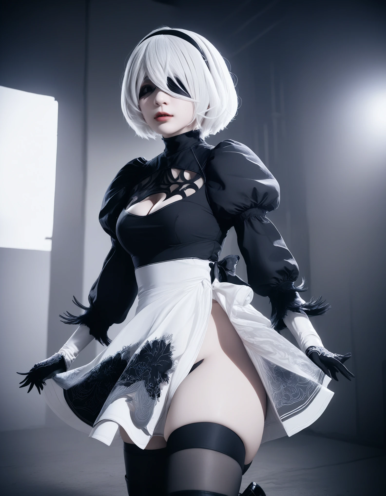 Real Photos、nier:Beautiful cosplay of 2B from Automata、2B、A selfie of a woman cosplaying as 2B、White skin、tall、Great style、Big Breasts、Small face、High nose、Sharp Eye、Beautiful Face、Beautiful face、30 years old、British women、Half British、nier:2B&#39;s black costume from Automata、Stylish background、Light background、Blur the background、Fantasyな都市を背景に、kiss the viewer、2B&#39;s selfie、Shooting from a diagonal angle、masterpiece、highest quality、high resolution、Cosplayer Photos、Professional Photoodel、Fantasy、Glaring at the audience、Angry expression、Cosplay makeup style、Real Cosplay Photo、Cool and beautiful photos、Wrapped in a pale white glow、good looking