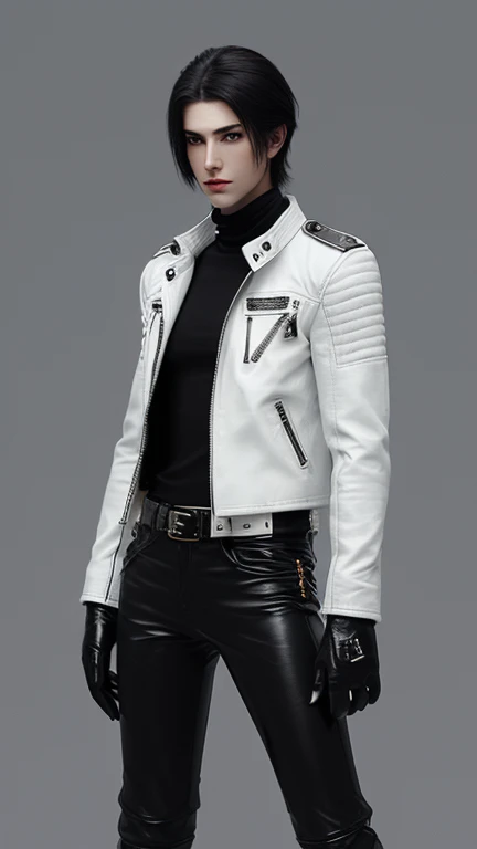 Final Fantasy-style graphics, young, Cute and cool Japanese boys, Thin eyebrows and big eyes, He is wearing a shiny white single-breasted leather jacket...。Biker style leather jacket、 with epaulettes, The jacket is zipped up, The jacket pockets are black., The jacket has a high stand-up collar with a belt, Also wearing a black turtleneck, black leather pants, Thin black leather gloves on both hands, Black leather knee-high lace-up boots, Show me your whole body from head to toe, Final Fantasy Style、((good looking))、((Clear eyes and nose))、((Shiny white single leather jacket))、((The jacket must be white))、((The jacket has epaulettes))、((The jacket has a high stand-up collar and a belt))、((The jacket has a black pocket))、((Black turtleneck shirt))、((光沢のあるblack leather pants))、((Shiny black leather gloves on both hands))、((Black lace-up leather long boots))、((View the whole body image from a distance))、Realistic image quality and texture、In a small cell、close your eyes、A kind smile、((The jacket is closed with a zipper))、((No exposed skin below the neck))、((Round face and slightly small))、((Short hairstyle))