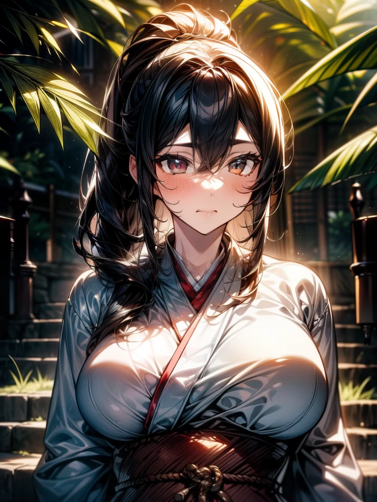 {{{masterpiece}}}, {{{best quality}}}, {{ultra-detailed}}, {cinematic lighting}, {illustration}, {beautifuly detailed eyes}, {1girl}, extremely detailed, 1girl, solo, A beautiful samurai warrior, blue hair in a long ponytail, wearing white and black kimono, warrior, serious, brown eyes, huge breasts, hourglass figure, facing viewer, outdoors, woodland background, highly detailed face and clothing, slightly narrow eyes, perfect face, fair skin, hair bangs, long hair, cowboy shot, noble beautiful, traditional Japanese clothing, samurai woman