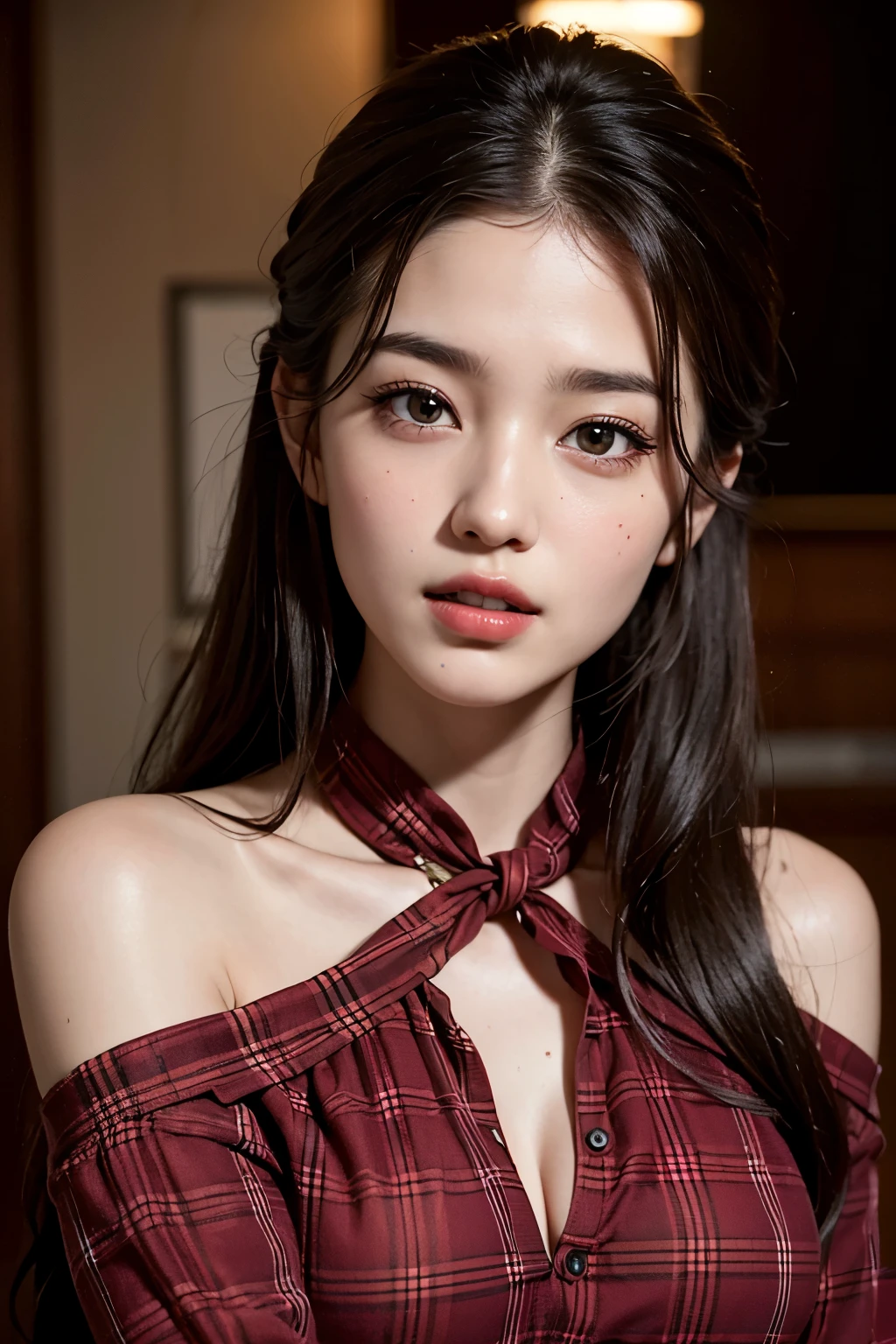 A beautiful woman wearing a red knotted plaid shirt with a captivating expression. Her eyes sparkle with life, and her detailed face features are accentuated by the high resolution and ultra-detailed eye and face. her plaid shirt clings tightly to her slender body, highlighting her delicate collarbone and slim arms. The plaid pattern adds a touch of sophistication to her outfit, completing the top-quality, photorealistic masterpiece that is this image. The depth of field and cinematic lighting bring out the total transcendence of her beauty. Her natural red lips are slightly parted, revealing a hint of her perfect teeth. Her long, wavy hair frames her face, and a few