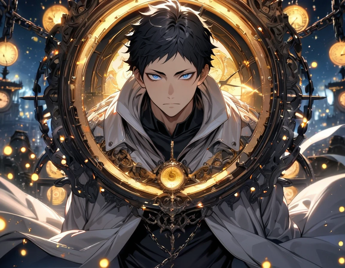 absurdres, highres, ultra detailed, HDR, master piece, best quality, extremely detailed face and eyes, perfect face, Akaashi Keiji, expressive dark blue eyes, black hair, Haikyuu, solo, sexy man, handsome, white coat, black tight shirt, clock mechanical moon, fantasy, chains, fireflies