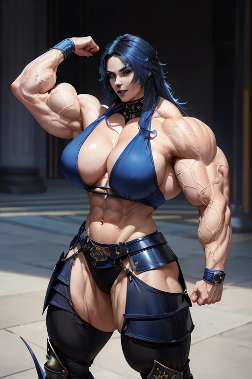 ((((Massive tall, beautiful, buff, pale skinned skinned muscular woman with royal blue hair, black lipstick, ginormous bulky muscles and wearing a royal blue samurai armor suit with pants)))), (close view), massive muscle, massive biceps, hyper muscle shoulders, massive shoulders, hyper muscle triceps, (long curly wavy hair), white eyes, (samurai boots), confident smile, ((in a battlefield)), evening, hyper vascular arm, hyper muscles arms, hyper muscle legs, massive arms.
