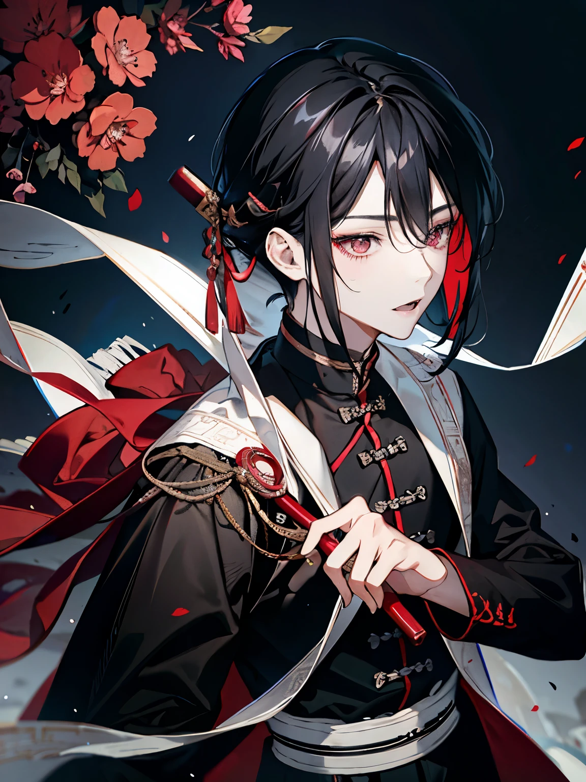 Yiling Patriarch,boy around 18 years old,Dark Eyes,Black and red long-sleeved robe,Black Hair,Long Straight Hair