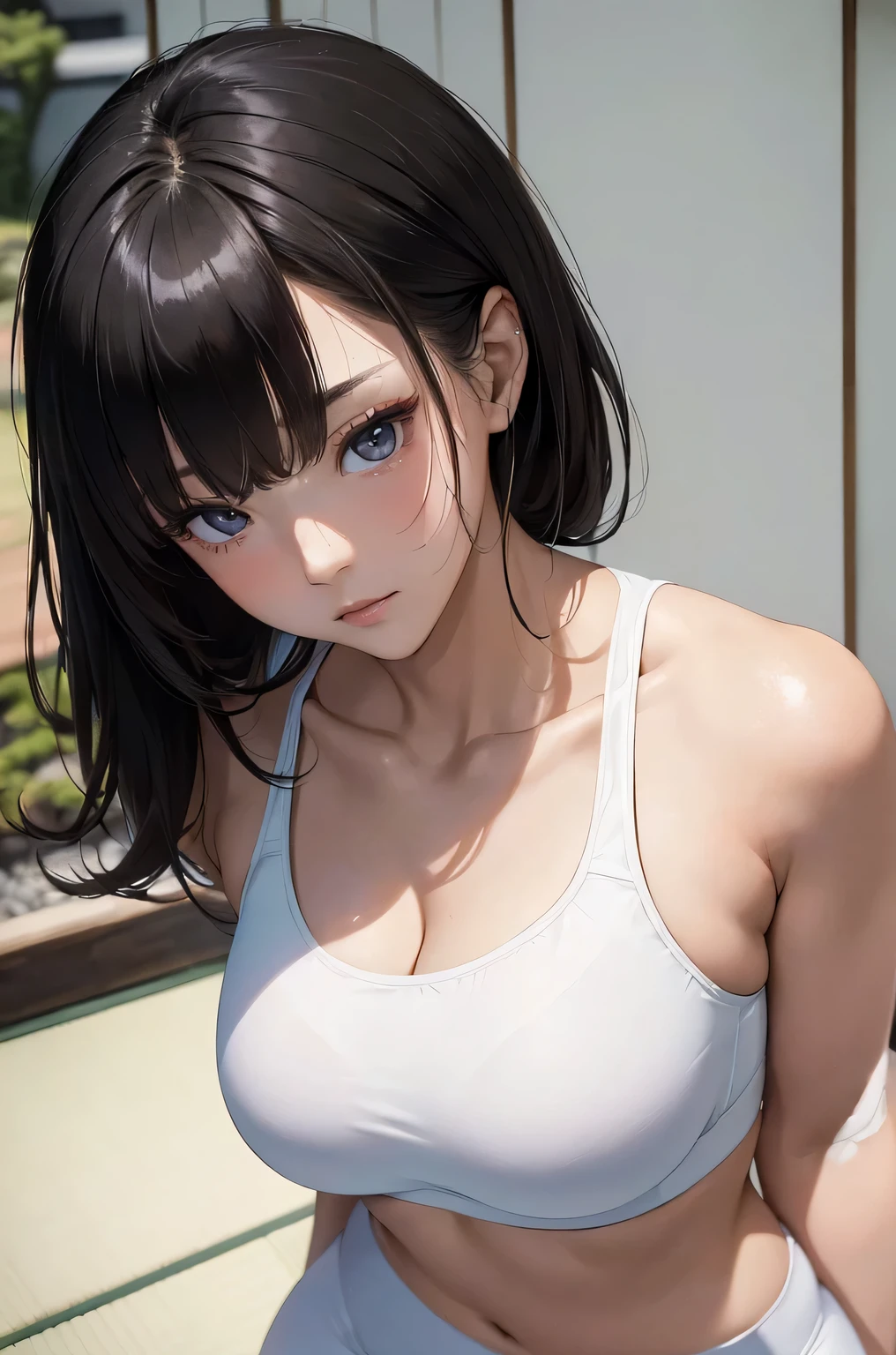 (((masterpiece))),(((High resolution)))、(((8K)))、(((perfect face)))、(((beauty of japan)))、30 years old, (white yoga pants), (black sports bra), look at the camera, (top quality eyes), (detailed texture), look at the camera

