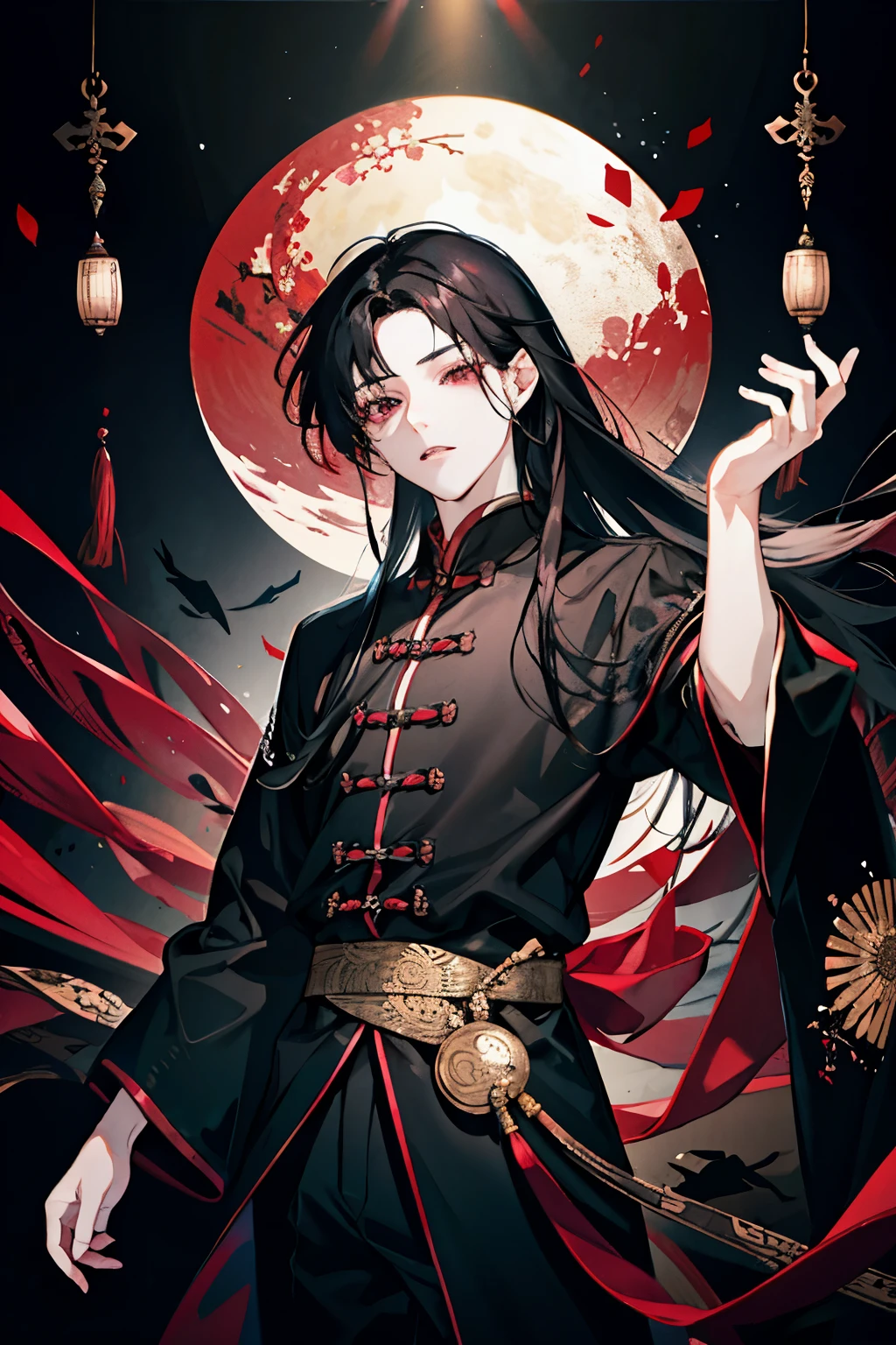 Yiling Patriarch,boy around 18 years old,Dark Eyes,Black and red long-sleeved robe,Black Hair,Long Straight Hair
