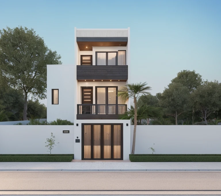 PLATFORM KTHOUSE, 1 morden villa, main material of villa about white wall and wooden cladding, main material by white wall and stone:1.2, 1large yard, 1 road runs in front of the house,  (RAW photo, real, best quality, masterpiece:1.2), look morden minimalist, 1 road in front of the house, dynamic lighting:1.3, (hyper realistic, photo-realistic:1.2), high quality, (dark lighting:1.2), perfect lighting, archdaily, no human