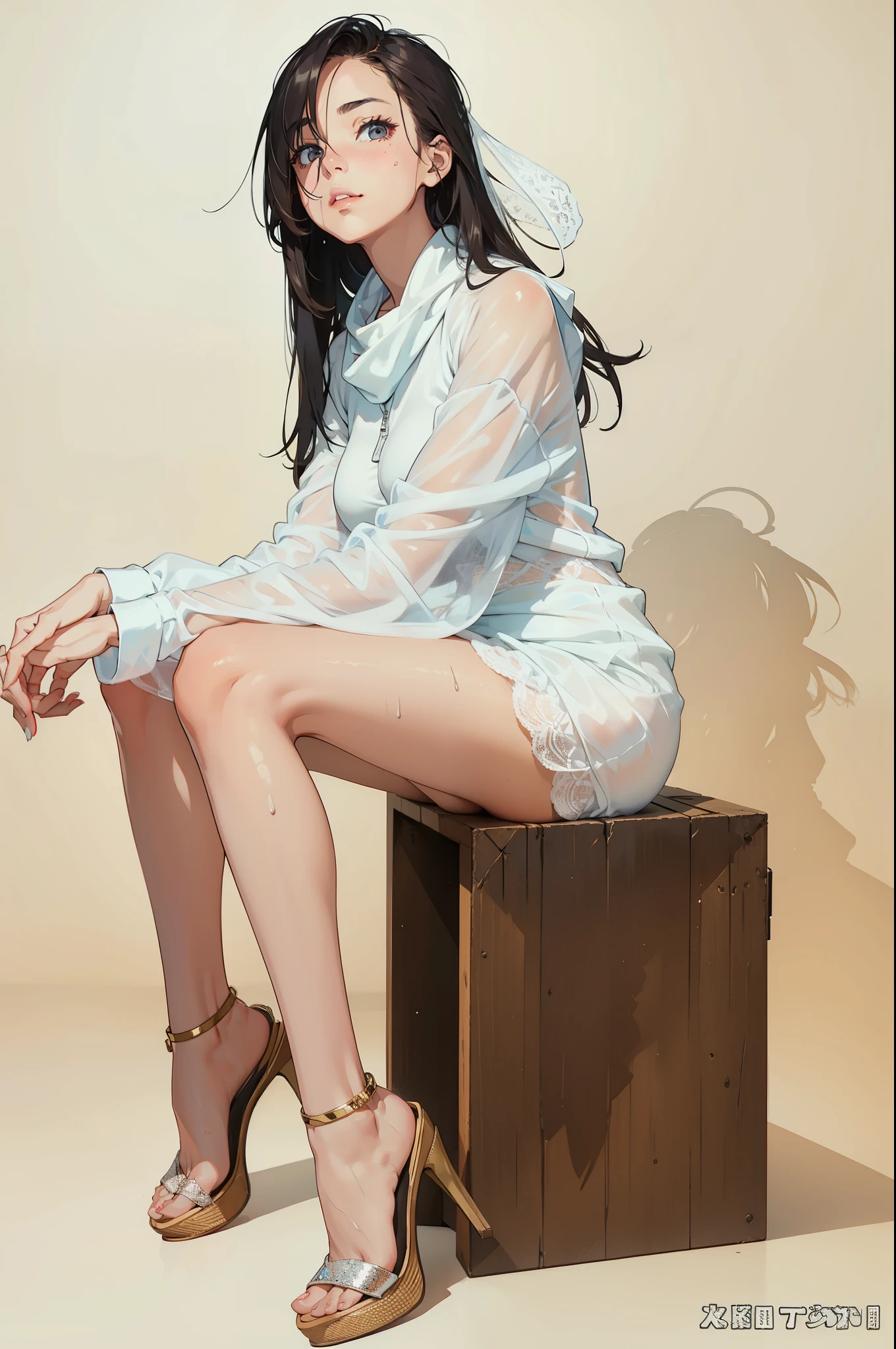 Highest quality、masterpiece、High sensitivity、High resolution、Detailed Description、Slender women、Slim Body、Glasses、Putting on socks、