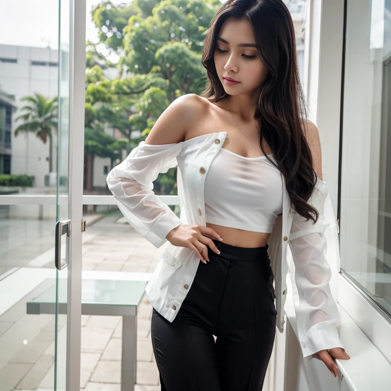 Sweet beautiful Bogor city girl, sweet georgeus face, 22 years old, slim body, wavy hairs, beautiful shoulder long black hairs, wearing white unbutton jacket,wearing white see through transparent trousers,  wearing high heels, realistic, very detail,