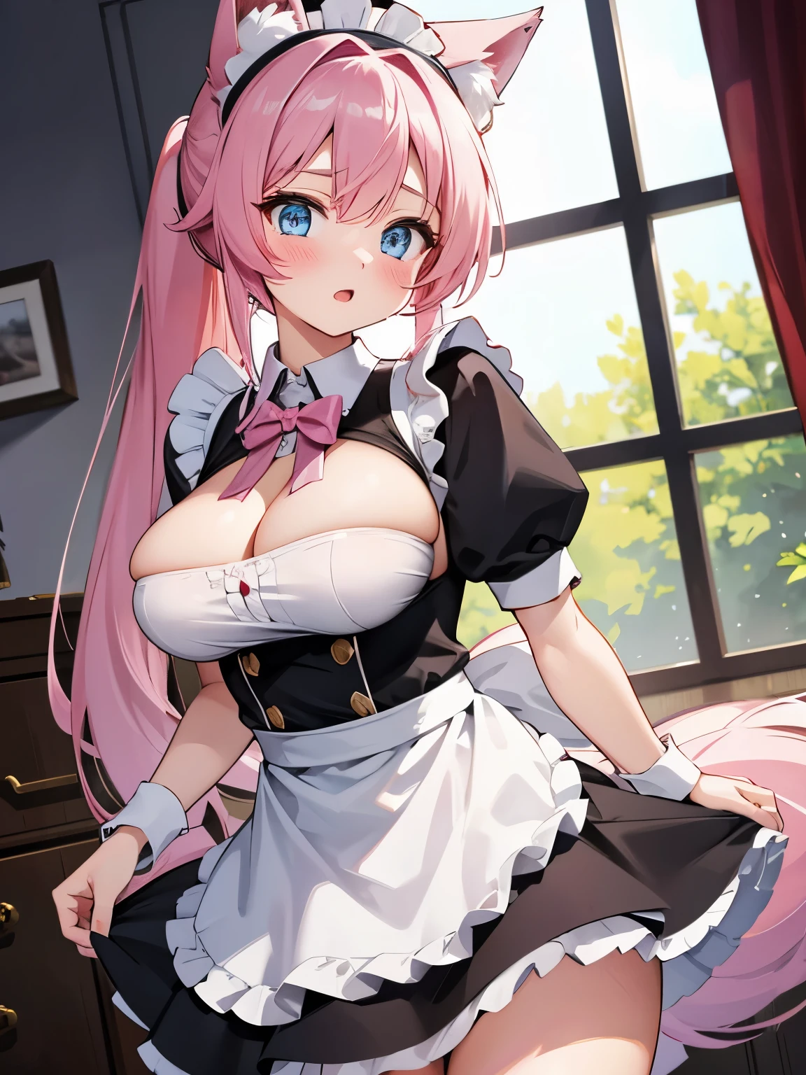 1girl, beautiful, sexy, big breasts, small waist, pink hair, wolf girl, wolf ears, huge breasts, bright blue eyes, blush, nervous, long hair, flowing hair, tiny waist, big hips, 18 y/o, 18 years old, cute, bimbo, maid, maid dress, black maid dress, giant breasts, maid outfit, sexy maid outfit, sfw, pink wolf ears, ponytail, doing chores