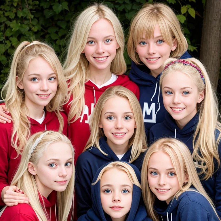 group of 14 fair-haired jewish asmonean  children, blondes  in sweatshirt  gathered together, focus on face