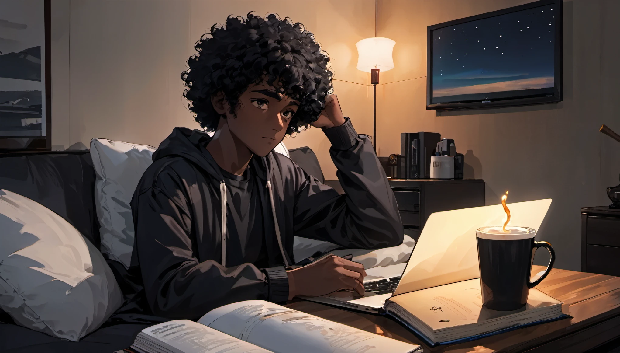 Lofi, Man, Dark skin, Black curly hair, Comfy, Notebook, Coffe, Night, Relax, Room, HD, High Resolution, Masterpiece, 4K