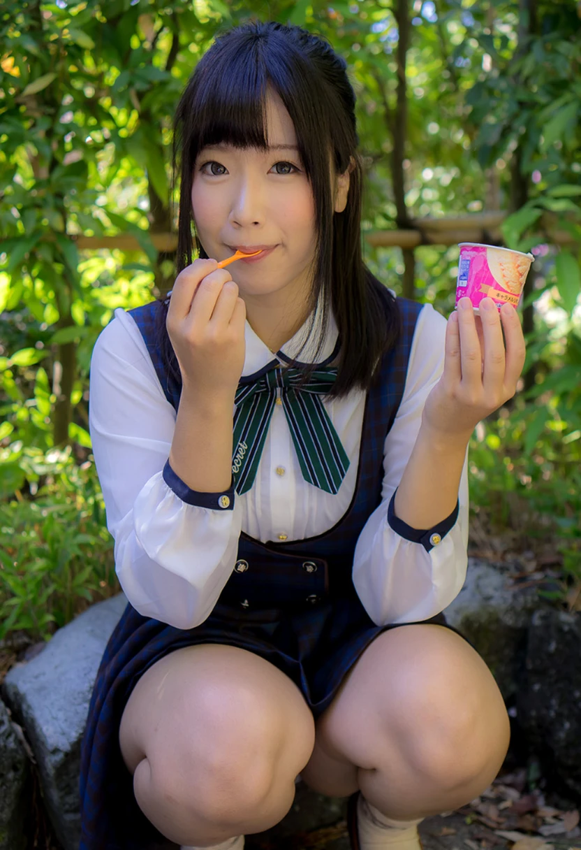 There is a woman sitting and eating something., realistic Young Gravure Idol, Portrait of a Japan teenager, wearing japanese school uniform, japanese , Young Gravure Idol, Young and cute gravure idol, of a youthful Japanese Girls, shikamimi, Japanese Girls , Chiho, Young Sensual Gravure Idol, having a snack, cute 