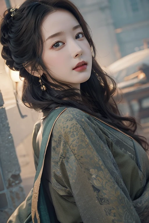 巨大なOgreと優雅な写真のためにポーズをとる赤い目の美しい女性, arpino,Gray Hair,Face to face, Ultra-realistic, Clear images,((背景に巨大なOgre)),Fantasy,ダークFantasy,Ogre,Gigant,