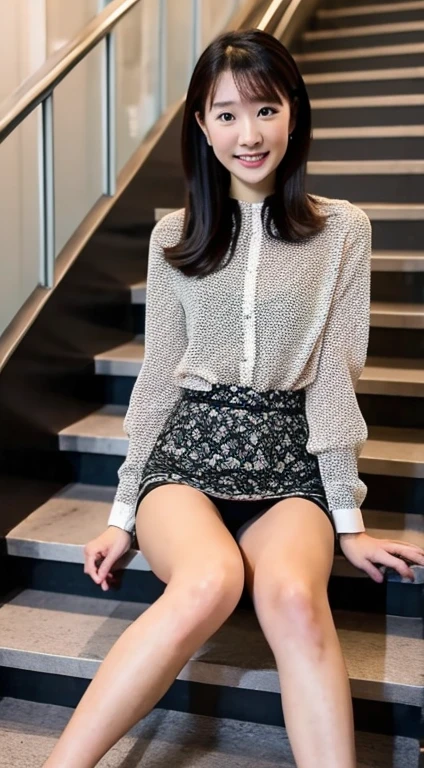 Tabletop, highest quality, 8k, office lady、dou mariko、Award-winning portraits, blush、 alone, Digital single-lens reflex camera, Looking at the audience, Thin arms, whole body、Professional Lighting ,{Sit on the stairs},Gray Office Suit、 Tight mini skirt,Black Hair, hairpin、black and white lace panties