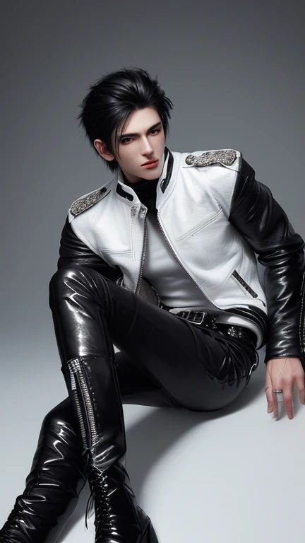 Final Fantasy-style graphics, young, Cute and cool Japanese boys, Thin eyebrows and big eyes, He is wearing a shiny white single-breasted leather jacket...。Biker style leather jacket、 with epaulettes, The jacket is zipped up, The jacket pockets are black., The jacket has a high stand-up collar with a belt, Also wearing a black turtleneck, black leather pants, Thin black leather gloves on both hands, Black leather knee-high lace-up boots, Show me your whole body from head to toe, Final Fantasy Style、((good looking))、((Clear eyes and nose))、((Shiny white single leather jacket))、((The jacket must be white))、((The jacket has epaulettes))、((The jacket has a high stand-up collar and a belt))、((The jacket has a black pocket))、((Black turtleneck shirt))、((光沢のあるblack leather pants))、((Shiny black leather gloves on both hands))、((Black lace-up leather long boots))、((View the whole body image from a distance))、Realistic image quality and texture、In a small cell、close your eyes、A kind smile、((The jacket is closed with a zipper))、((No exposed skin below the neck))、((Round face and slightly small))、((Short hairstyle))