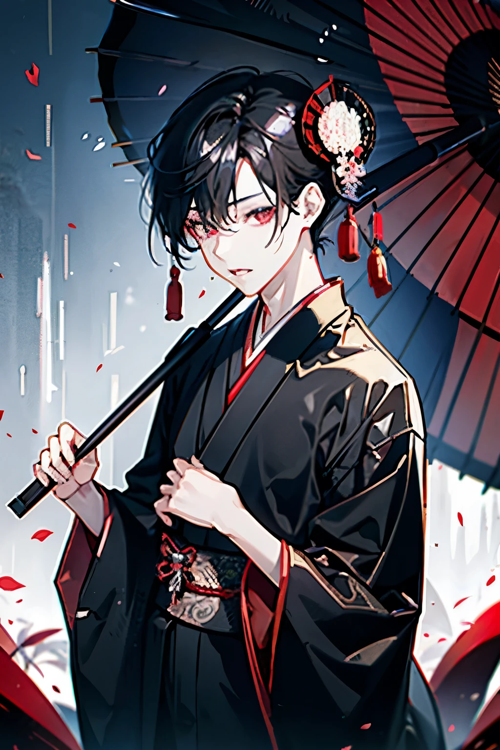 Yiling Patriarch,boy around 18 years old,Dark Eyes,Black and red long-sleeved robe,Black Hair,Long Straight Hair,(it&#39;s raining),(Japanese Umbrella:1.5)