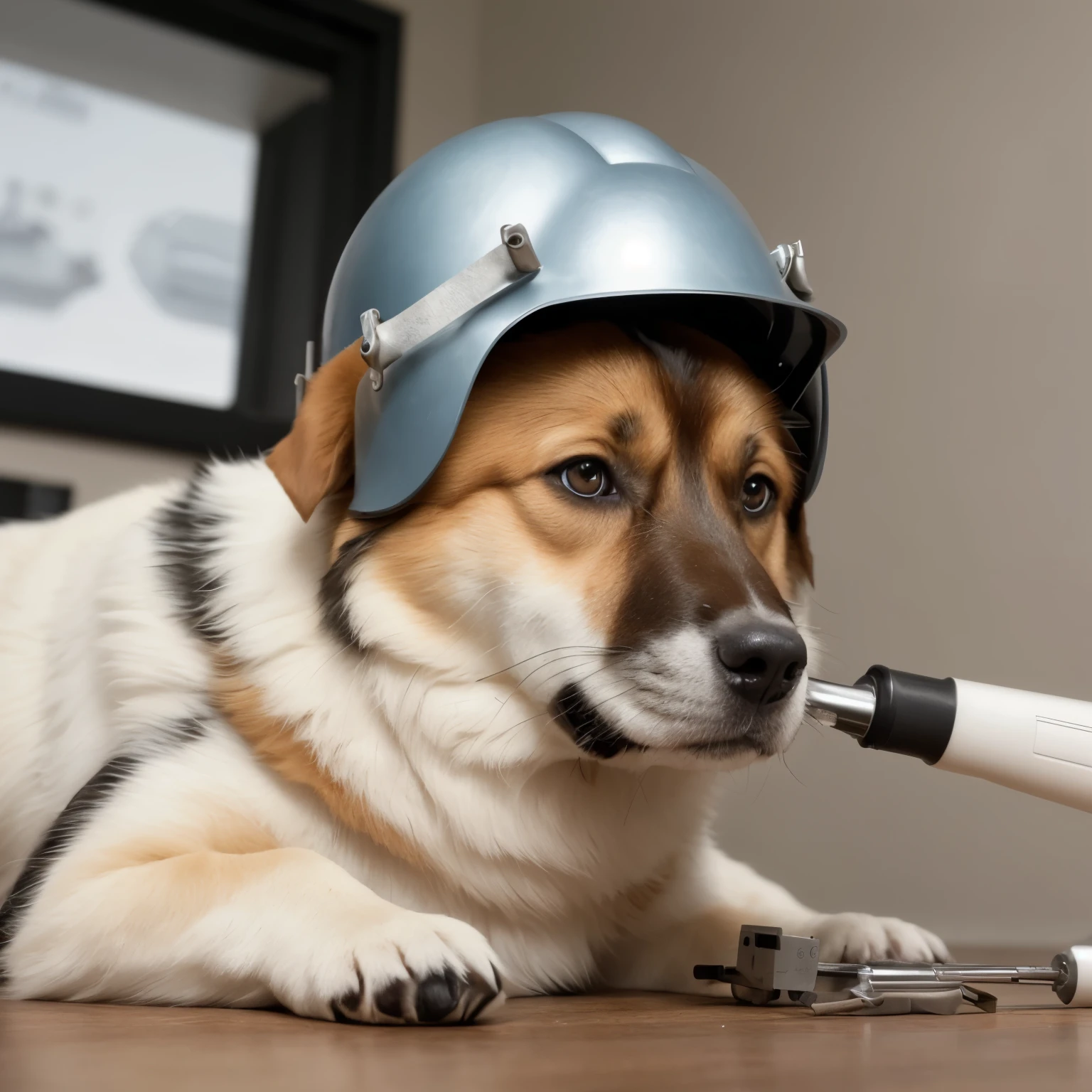 arafed dog usando um capacete and holding a screwdriver, dog in a space suite, anthropomorphic dog cleaning, Border collie, foto de retrato, maintenance, obturador, cachorro ciborgue, industrial mechanical robot dogs, fotografia aproximada, anthropomorphic dog, usando um capacete, mechanic, cosmonauta corgi, um gato usando um capacete cravado, maintenance photo