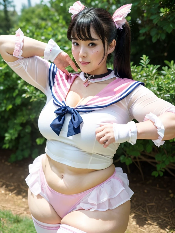 ((Great quality,Great quality,high quality, very beautiful,beautiful, 最high quality, Realistic)),((Magical girl)), forehead,short sideburns,Red Bow, ,Long twintail, ((Pink sailor collar)), Thighs, {Pink knee socks}, Frilled knee socks,Detailed body,photograph,Shadow,3D, {{pink elbow_gloves)),{White micro bikini}, Pink and white outfit,swollen_short_sleeve,{marching band},Rhythmic,texture,Magical Effects,Idol Pose,smile,{Belly button}, View your viewers, ((Transform your clothes, dance,thank you, 最high quality, Great quality, very beautiful, Absurd))、,(Perfect beautiful face 1.2),(angry),Flushed Cheeks,Heavy breathing,(Perfect and beautiful posture:1.2),(40 year old beautiful Japanese woman),(Mature Woman),(face with makeup),bodybuilder,((Huge breasts)),Big Ass, thick muscular body,(Black Hair),(Embarrassed face),(Sweating all over the body:1.2),(Excessive sweating from the armpits:1.3),超高解像度のphotograph,Looking at the camera,(Stand facing forward),(Close-up of the crotch),