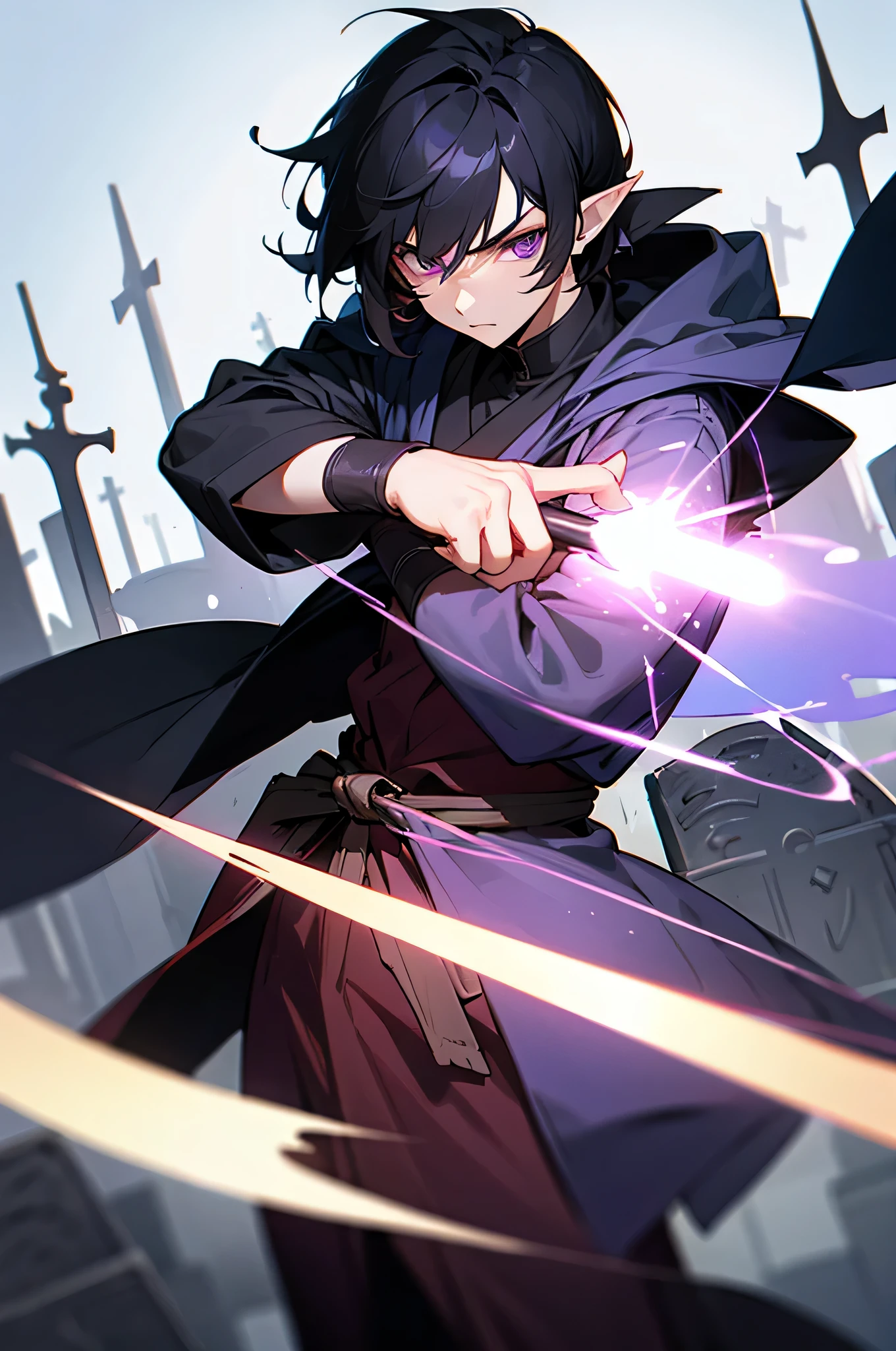 Male, Young adult, Black Hair, purple eyes, Mage clothes, pointy ears, Graveyard background