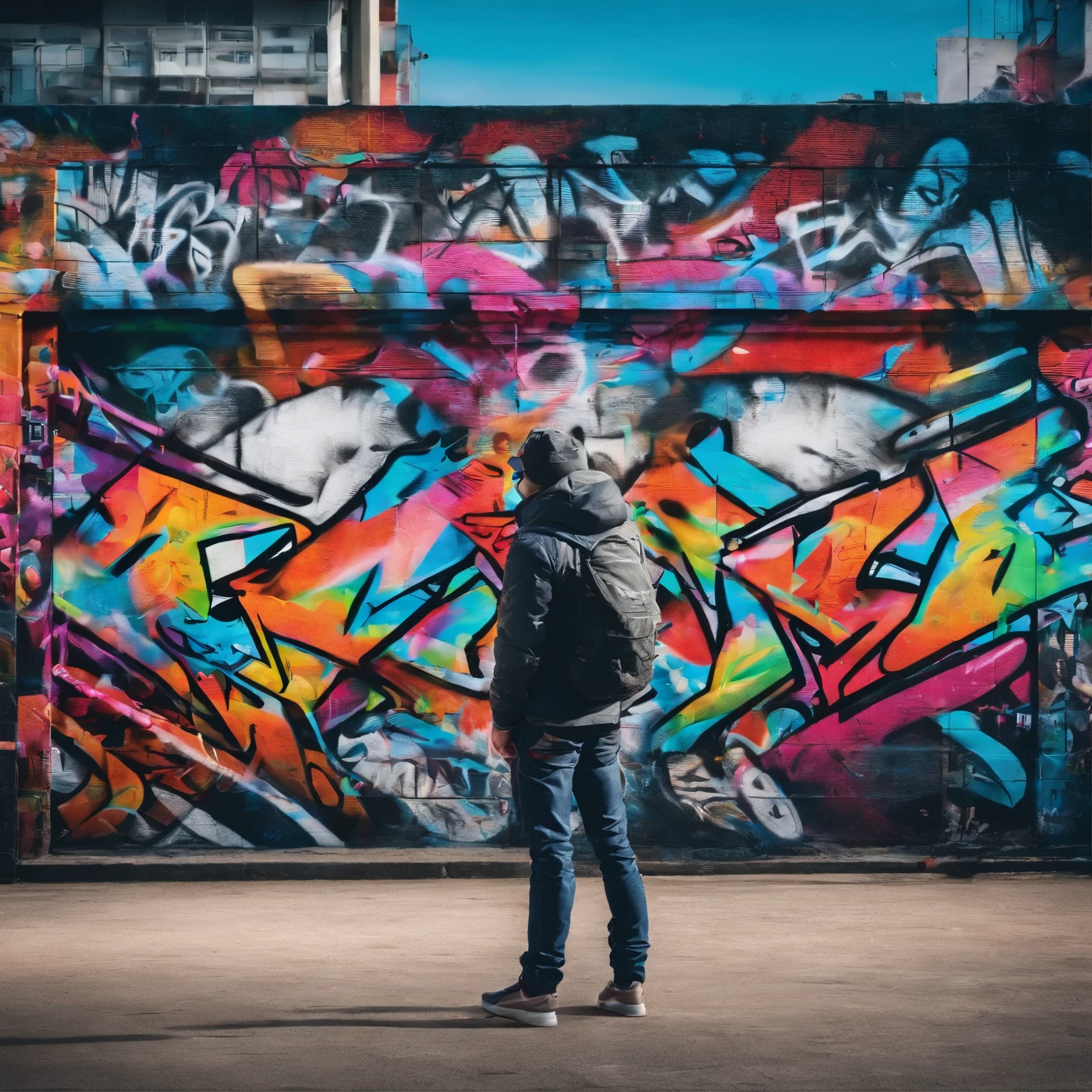 GROUND shot view, a man graffiti artist back to the camera, dynamic pose, ultra-detailed body, ultra-detailed hands, ultra-detailed face, ultra-detailed feet, ultra realist style, SPRAY PAINT, (graffiti wall), hyper-detailed art、award-winning work, IMPACTFUL VISUAL, outdoor ARTWORK, CINEMATIC LIGHTING, ARTISTIC DETAILS, DYNAMIC SHADOWS ,ATMOSPHERIC EFFECTS, GRAFITI TEXTURES, HIGH-DEFINITION, IMMERSIVE ENVIRONMENT, SUBTLE COLOR GRADING, AUTHENTIC ATMOSPHERE, DETAILED TEXTURES, award winning ARTWORK, MASTERPIECE ARTWORK, trending on artstation, HDR, UHD, 4K, BY EDUARDO KOBRA.
