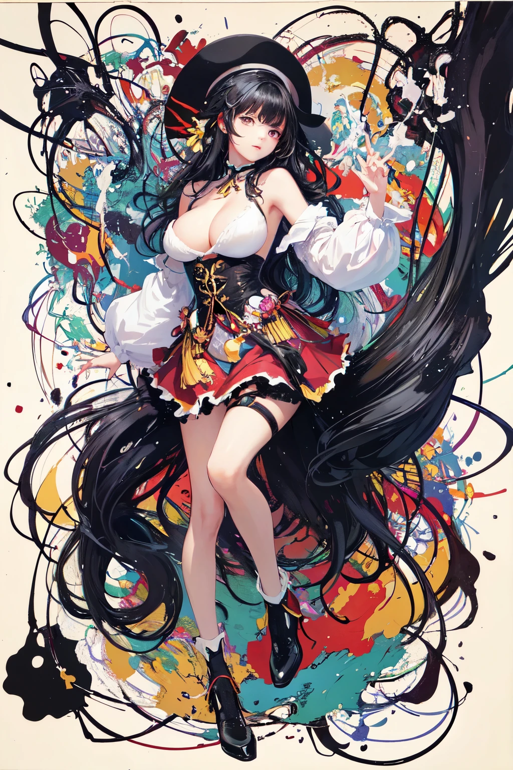 (masterpiece, highest quality, Official Art:1.2),(colorful),Looking at the audience,1 girl, I wore it, alone, floating colorful water、Black Hair、Long Hair、bangs、Perfect Proportions、Perfect beauty、Big Breasts