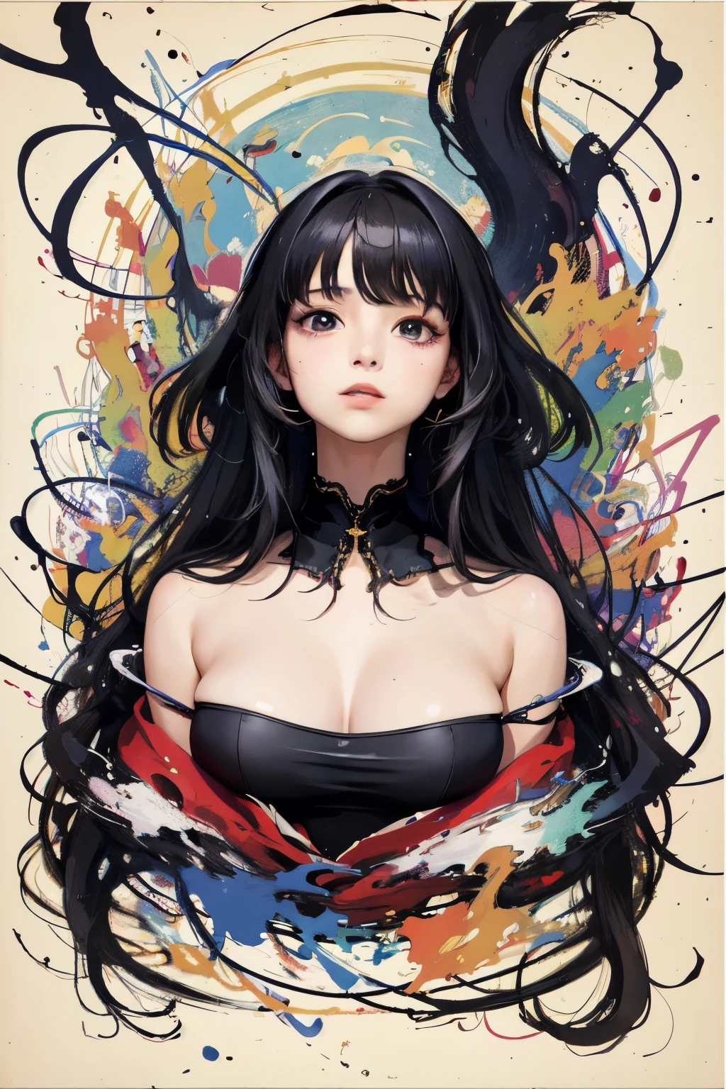 (masterpiece, highest quality, Official Art:1.2),(colorful),Looking at the audience,1 girl, I wore it, alone, floating colorful water、Black Hair、Long Hair、bangs、Perfect Proportions、Perfect beauty、Big Breasts