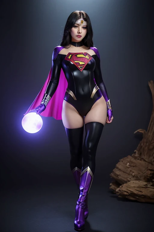 24 year old girl, superheroine in black and purple full bodysuit costume covering legs, black and purple superhero theme, she's a superhero long black hair, small glowing purple orb floating next to her, small purple energy orb next to her, intricate detail, masterpiece, ultr-realistic, 4k resolution, very detailed