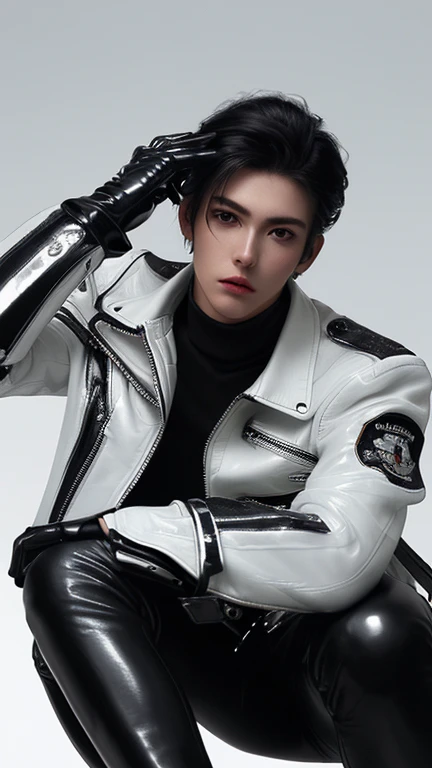 Final Fantasy-style graphics, young, Cute and cool Japanese boys, Thin eyebrows and big eyes, He is wearing a shiny white single-breasted leather jacket...。Biker style leather jacket、 with epaulettes, The jacket is zipped up, The jacket pockets are black., The jacket has a high stand-up collar with a belt, Also wearing a black turtleneck, black leather pants, Thin black leather gloves on both hands, Black leather knee-high lace-up boots, Show me your whole body from head to toe, Final Fantasy Style、((good looking))、((Clear eyes and nose))、((Shiny white single leather jacket))、((The jacket must be white))、((The jacket has epaulettes))、((The jacket has a high stand-up collar and a belt))、((The jacket has a black pocket))、((Black turtleneck shirt))、((光沢のあるblack leather pants))、((Shiny black leather gloves on both hands))、((Black lace-up leather long boots))、((View the whole body image from a distance))、Realistic image quality and texture、In a small cell、close your eyes、A kind smile、((The jacket is closed with a zipper))、((No exposed skin below the neck))、((Round face and slightly small))、((Short hairstyle))