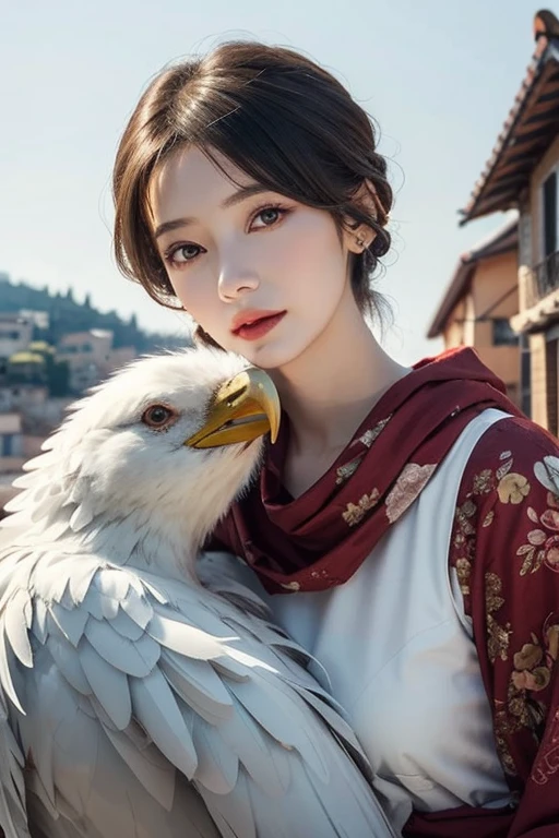 Beautiful woman with red eyes posing for elegant photo with white giant bird, arpino,Gray Hair,Face to face, Ultra-realistic, Clear images,((Giant white bird on background)),