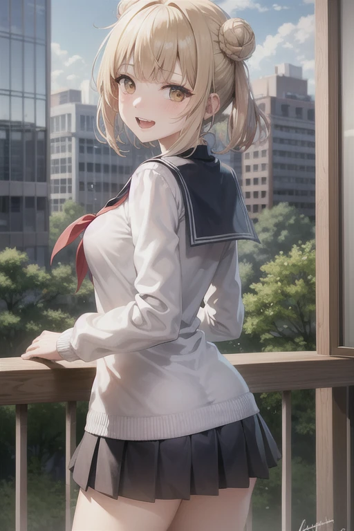 HimikoU1, 1girl, solo, bangs, blonde hair, yellow eyes, blunt bangs, hair bun, double bun, sidelocks, messy hair, looking at viewer, smile, blush, bags under eyes, teeth, , sailor collar, open mouth, serafuku, fangs, breasts, medium breasts, cardigan, narrowed eyes, long sleeves, neckerchief, red neckerchief, cowboy shot, slit pupils, blue saillor collar, skirt, sharp teeths, :d, pleated skirt, collarbone, short hair, blue skirt, kneehighs, outdoors, day, buildings, city, clouds, balcony, trees, bushes, tall female, skinny, looking back, from behind, ass focus, ass, medium ass,