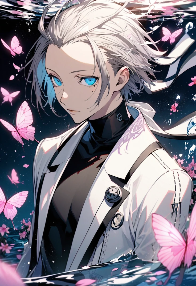 Ultra detailed, Highres, absurdres, Mochizuki Ryouji, black swept back hair, blue eyes, Persona 3, white scarf, mole under the eye, white long coat with patterns, pink flowers, petals, extremely handsome, man, solo, very detailed eyes and face, black gloves, water, pink butterflies, black tight t-shirt,