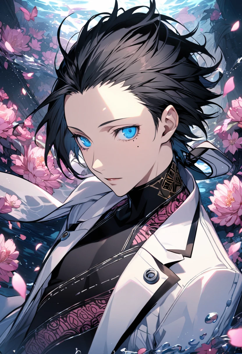 Ultra detailed, Highres, absurdres, Mochizuki Ryouji, black swept back hair, blue eyes, Persona 3, white scarf, mole under the eye, white long coat with patterns, pink flowers, petals, extremely handsome, man, solo, very detailed eyes and face, black gloves, water, pink butterflies, black tight t-shirt,