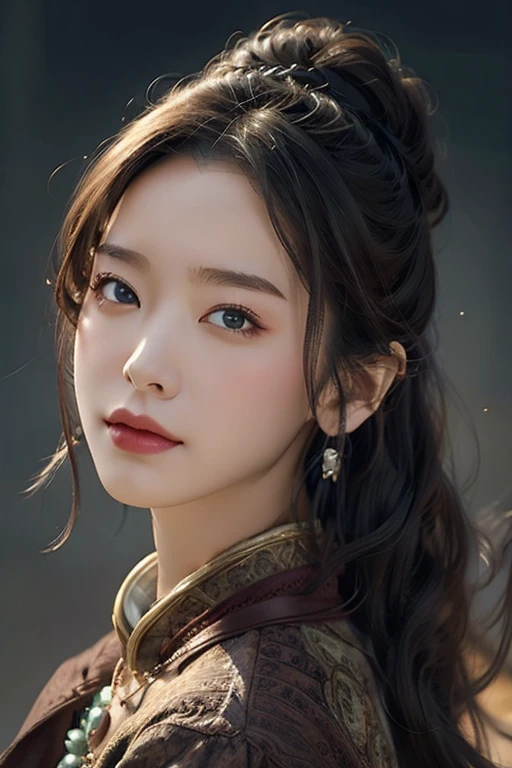 巨大なOgreと優雅な写真のためにポーズをとる赤い目の美しい女性, arpino,Gray Hair,Face to face, Ultra-realistic, Clear images,((背景に巨大なOgre)),Fantasy,ダークFantasy,Ogre,Gigant,