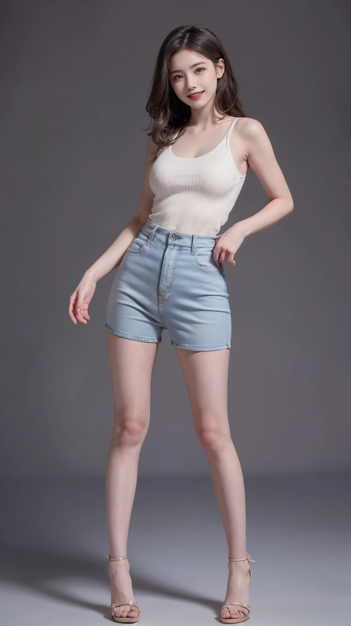 highest quality,masterpiece,Ultra-high resolution,Original photo,Ultra-high resolution,A beautiful 25-year-old woman wearing women's fashions popular in the 1980s,Long legs:1.5,high waist,Flashy makeup using red eyeshadow,Big smile,Short cut with delicate side waves,Full Body,Gray background,