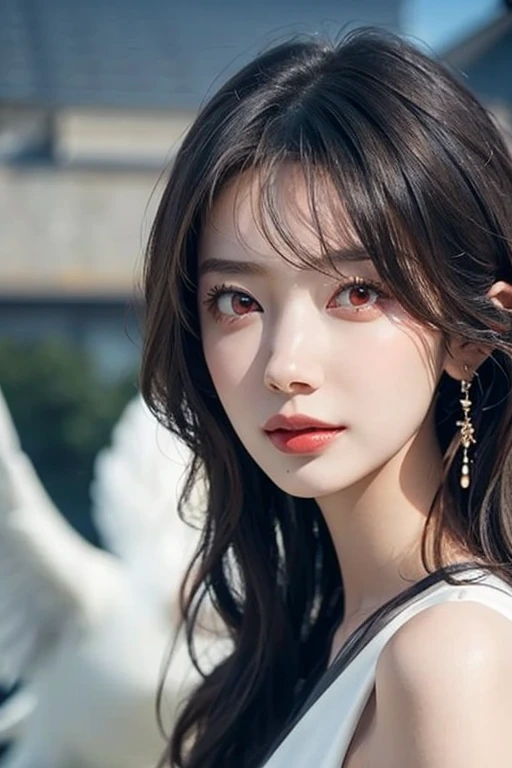 Beautiful woman with red eyes posing for elegant photo with white giant bird, arpino,Gray Hair,Face to face, Ultra-realistic, Clear images,（（Giant white bird on background））,