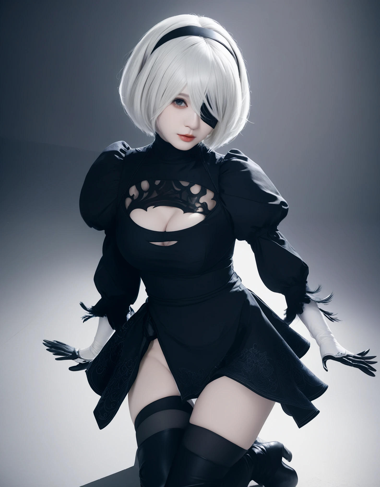 Real Photos、nier:Beautiful cosplay of 2B from Automata、2B、A selfie of a woman cosplaying as 2B、White skin、tall、Great style、Big Breasts、Small face、Small head、High nose、Beautiful Face、Beautiful face、30 years old、British women、Half British、nier:2B&#39;s black costume from Automata、Stylish background、Light background、Blur the background、Fantasyな都市を背景に、Kiss the viewer、2B&#39;s selfie、Focus Zoom、Shooting from a diagonal angle、masterpiece、highest quality、high resolution、Cosplayer Photos、Professional Photoodel、Fantasy、Glaring at the audience、Angry expression、Natural Makeup、Real Cosplay Photo、Cool and beautiful photos、Wrapped in a pale white glow、good looking