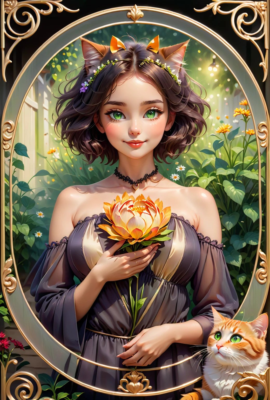 2 girls kissing a cat,detailed beautiful eyes,loving tender expression,soft lips,two young women,garden background,green plants,colorful flowers,happy atmosphere,fantasy lighting,hdr effect,vivid colors,photorealistic art style,medium:oil painting,ultra-fine brushstrokes,romantic atmosphere,adorable kitten,cuddling,cute furry friend,sunshine,joyful moment,emotion,affection,love and friendship,whiskers,fluffy fur,playful interaction,flowers and plants in the garden,shadows and highlights,blurred background.