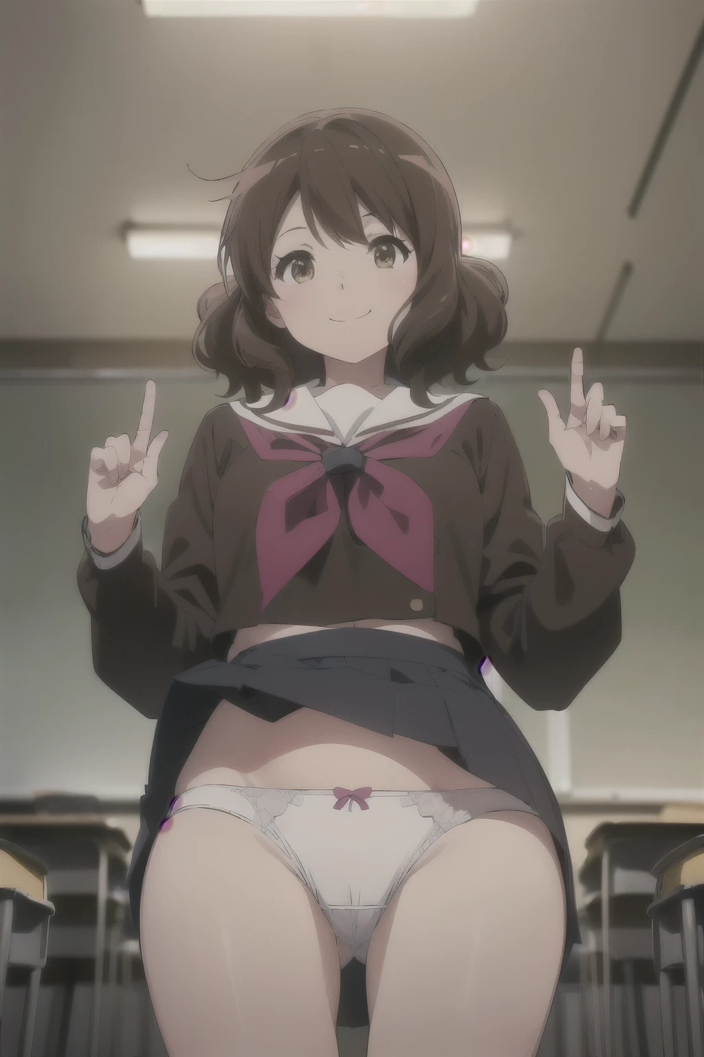 highest quality, masterpiece, High resolution, One girl, View your viewers, sketch, Flat Color, 2D, anime, anime coloring, (classroom:1.5), kumiko oumae, First Default, First Closing, Kitauji High School , neckerchief, Brown shirt, Long sleeve, View your viewers, (smile:1.5), (big:1.5), whiteいThighs, (Wide pelvis), (Are standing), (とてもbig_Lower Body:1.5), (Very thick_Thighs:1.5), (完全に露出したPanties:1.5), (Panties丸見え:1.5), (white_race_It&#39;s stuck in_Panties:1.5), (Lift up the skirt:1.5), (スカート that rolls up:1.5), (股間のアップをFrom below見上げる_perspective:1.5), (From below:1.5), (Watching the audience), (Cowboy Shot)