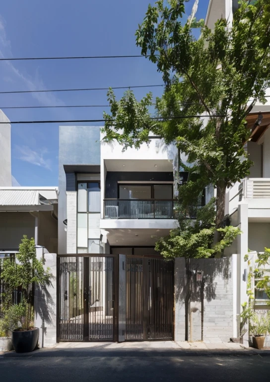 Raw photo,Masterpiece, high quality, best quality, authentic, super detail, exterior, outdoors, house style modern on the street, glass windows, gate, wooden ceiling, road,pavement, trees, sky, cloud, (daylight:1.1)