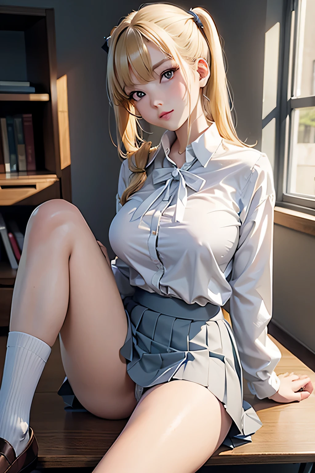 kitagawa marin,pigtails,neat blouse,white blouse,tight blouse,button the blouse,in the classroom,pleated skirt,short skirt,high school girl,18 years old,blonde hair,long hair,(large breast:1.8),hide breast,((masterpiece)), (detailed), perfect face,reflective skin,white socks,loafers,spread legs,m-shaped legs