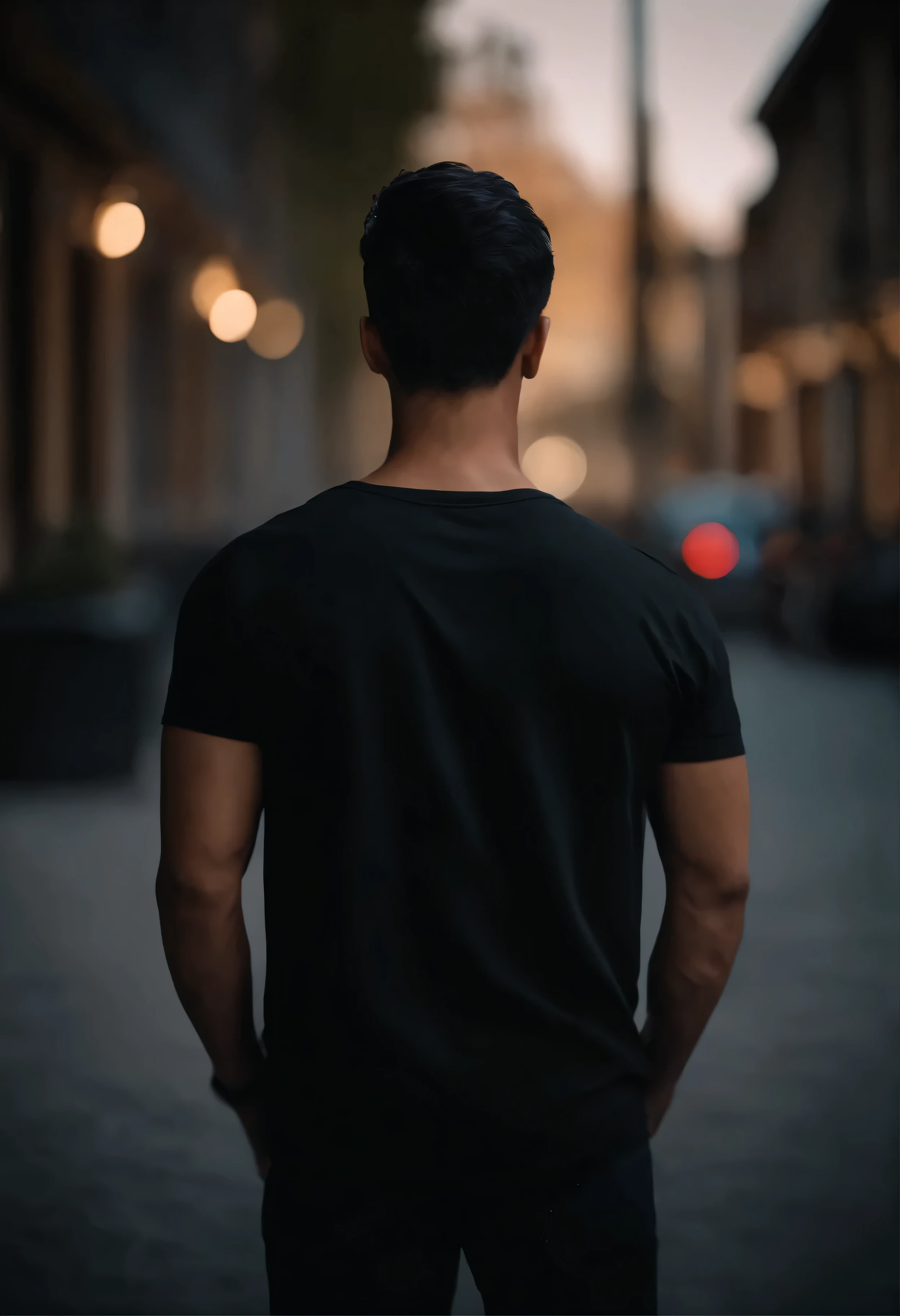 male, man, 25 year old, black t-shirt, back view, short black hair, wide jeans