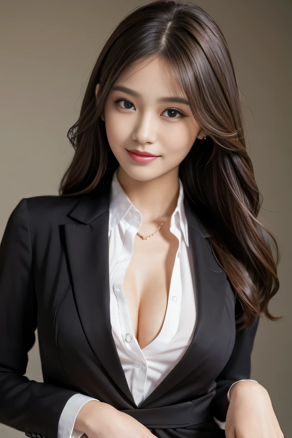 Tabletop, highest quality, Realistic, Very detailed, finely, High resolution, 8k wallpaper, One beautiful woman,, Light brown messy hair, He is wearing a black see-through dress shirt with an open collar......., Sharp focus, Perfect dynamic composition, Beautiful and detailed, Thinning hair, Detailed Realistic skin texture, smile, Close-up portrait, Model Body Type、president'secretary、mini skirt、High heels、